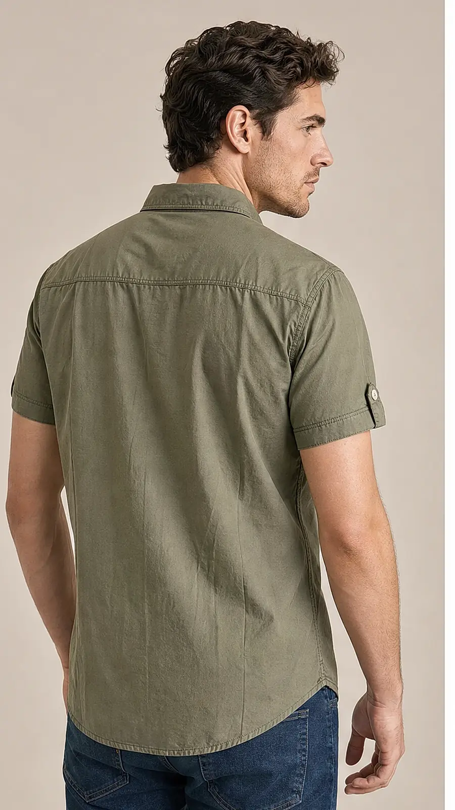 Olive Pigment Dyed Fine Weaved Egyption Cotton Fabric Half Sleeve Casual Shirt