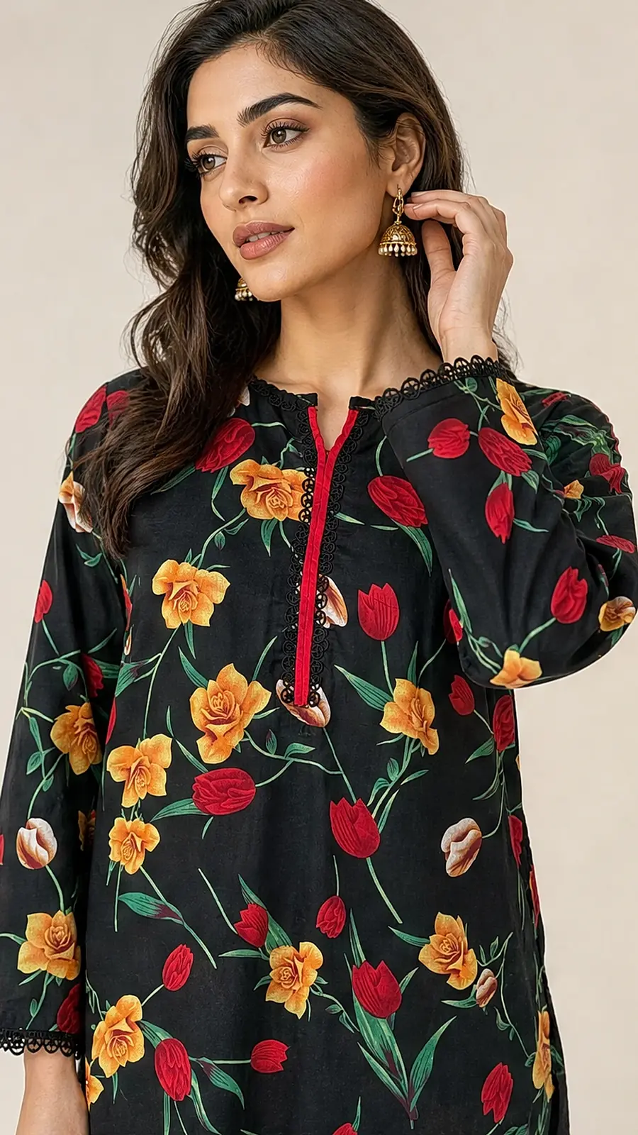 Black Floral Two Piece Cotton Lawn Coord Set