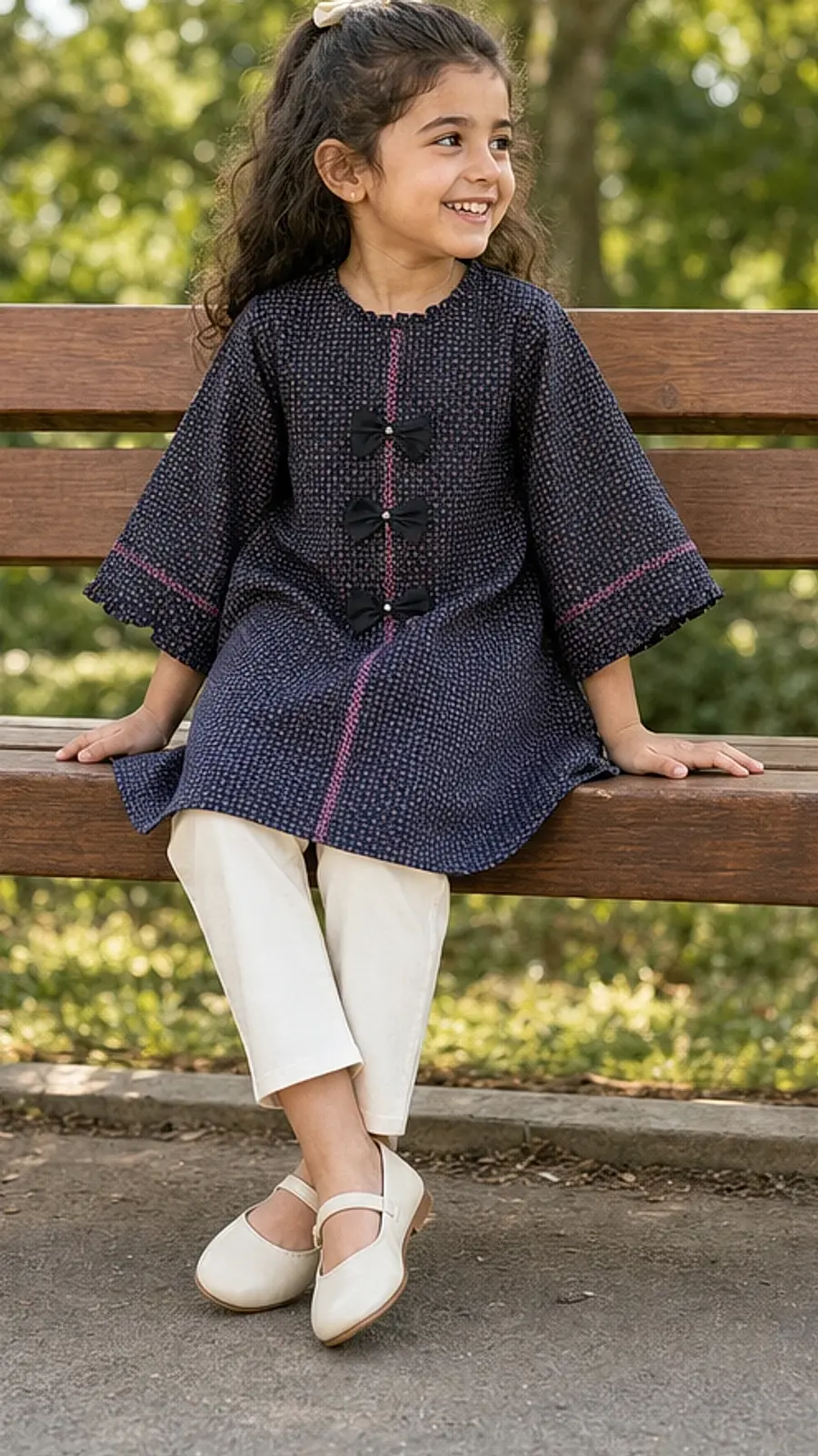 Girls Navy Printed Kurta Pant Set