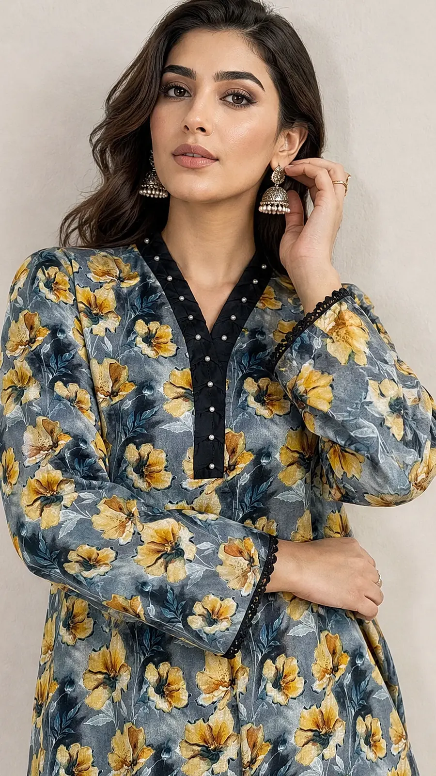 Gray_Yellow 2 Pcs Coord  Soft Cotton Lawn Suit