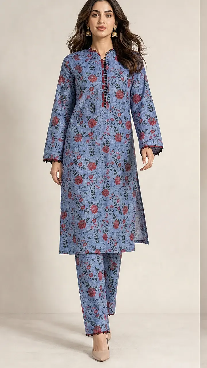 Dusty Denim Blue Rose Cotton Lawn 2-Piece Co-ord Set - Long Length Shirt
