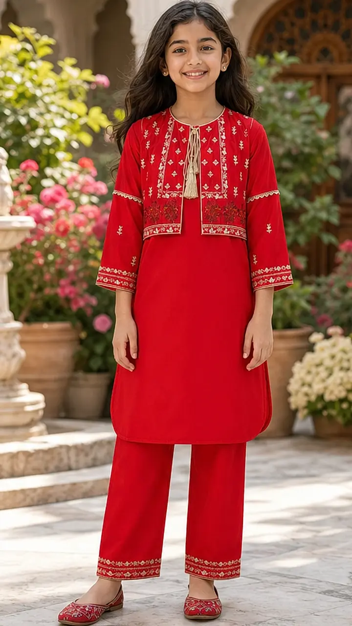 Girls Red Embroidered Kurta Pant Set