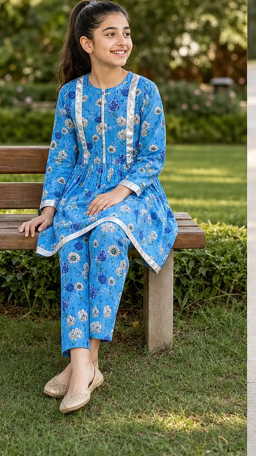 Girls Ocean Blue Floral Frock Shalwar Set