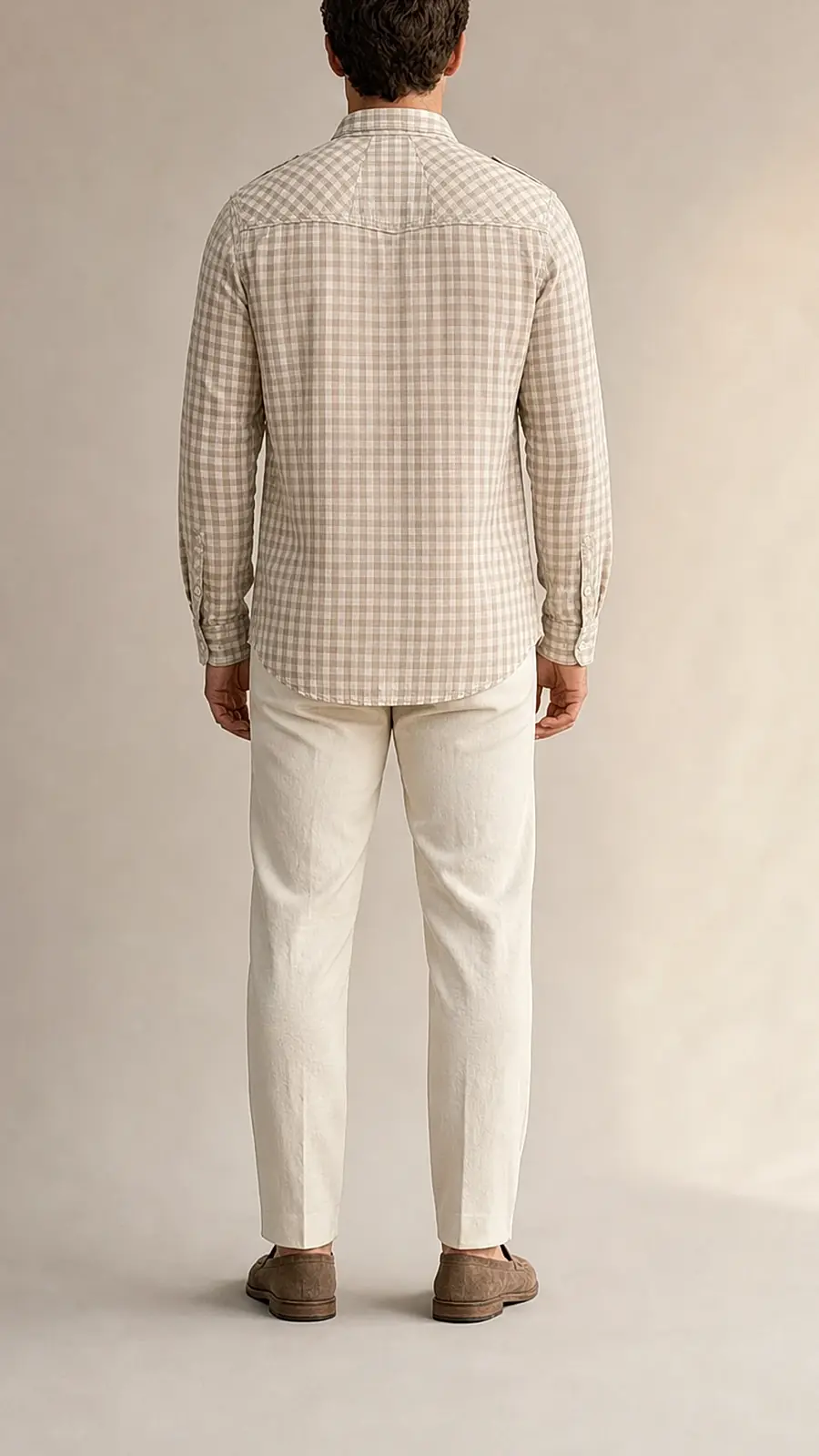 Beige White Gingum Check Egyption Cotton Shirt