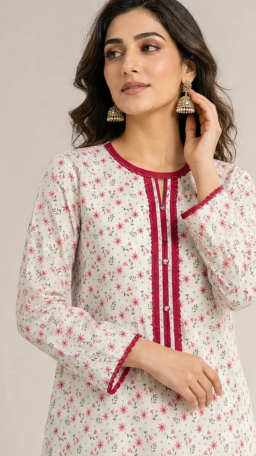 White_Red 2 Pcs Coord  Soft Cotton Lawn Suit
