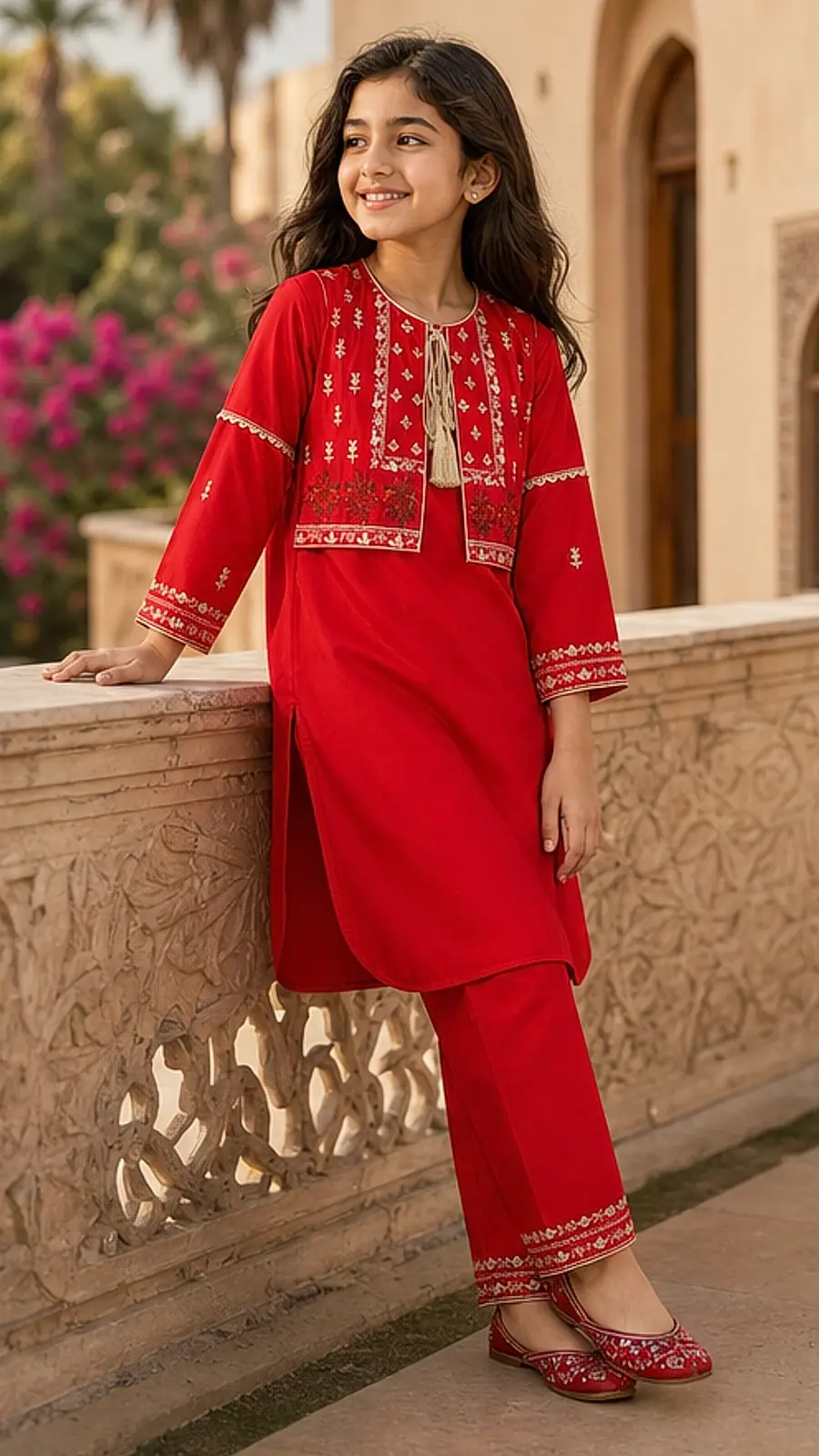 Girls Red Embroidered Kurta Pant Set