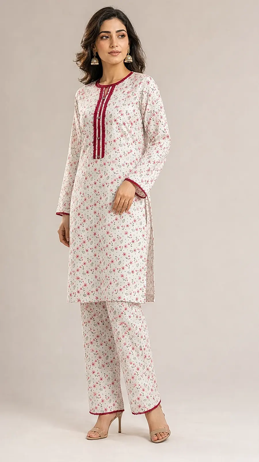 White_Red 2 Pcs Coord  Soft Cotton Lawn Suit