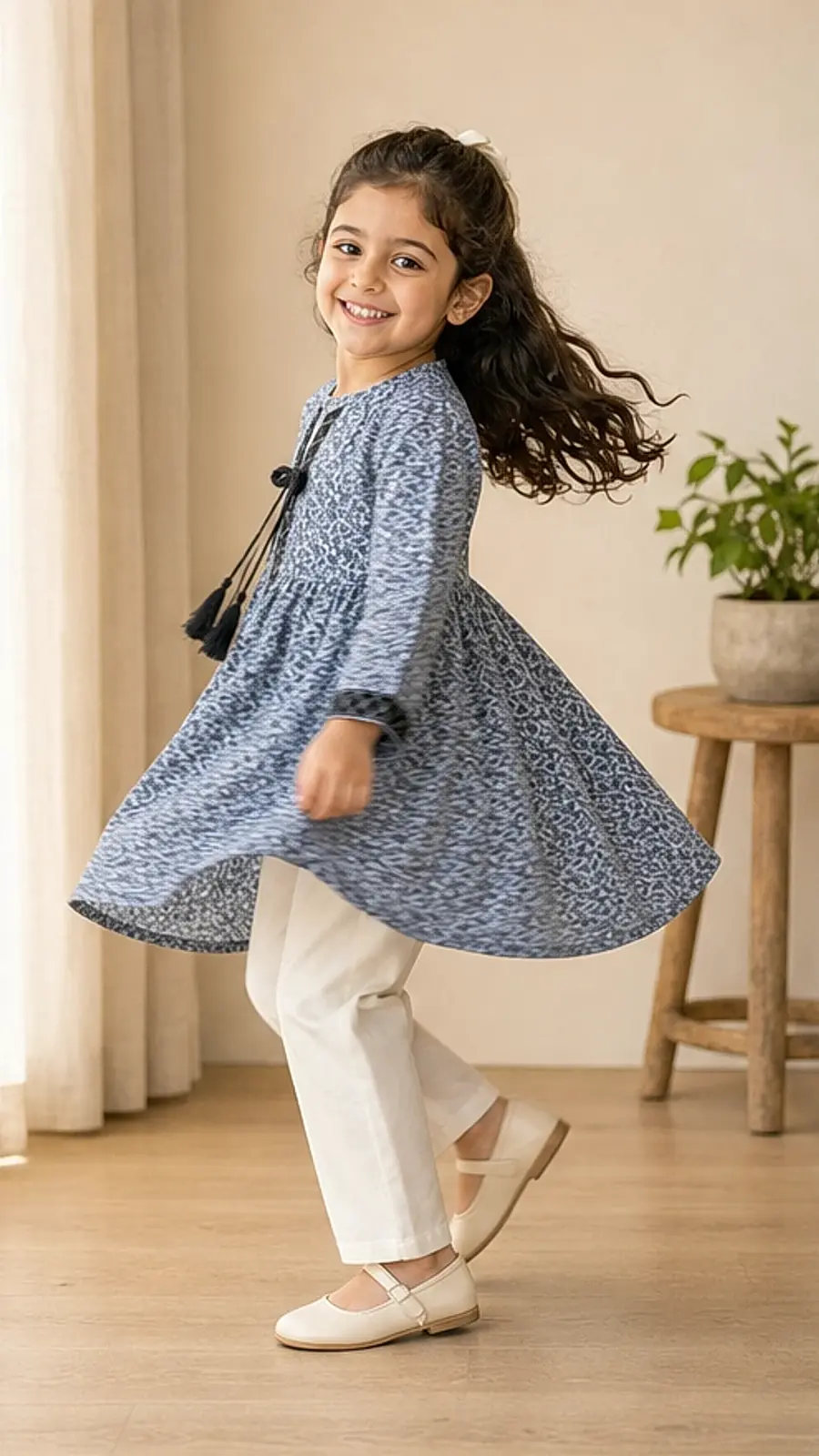 Girls Blue Printed Kurta Trouser Set