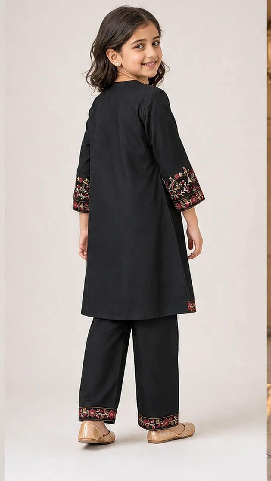 Girls Embroidered Black Kurta Trouser Set
