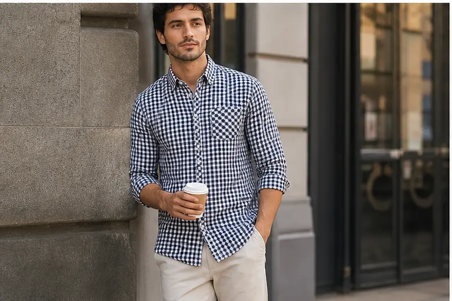 Navy_Black_white yarn dyed fine weaved Cotton Fabric soft Casual Shirt