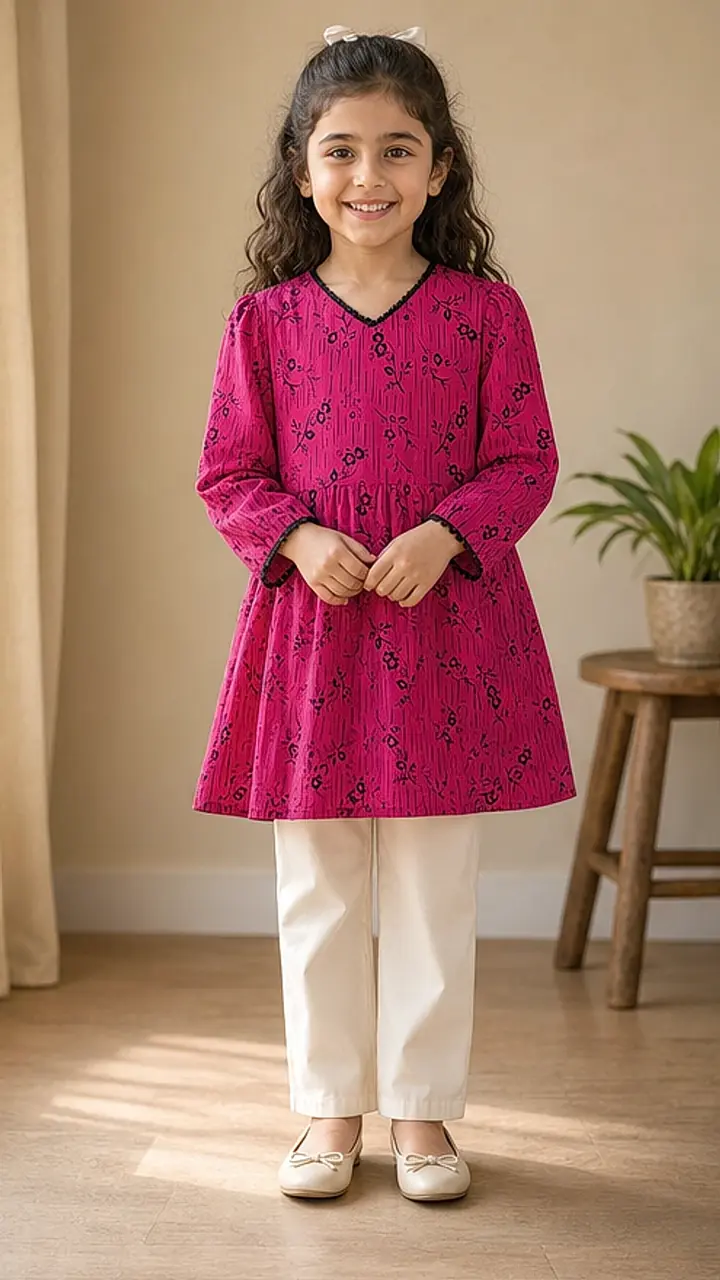 Girls Magenta Floral Kurta Pant Set