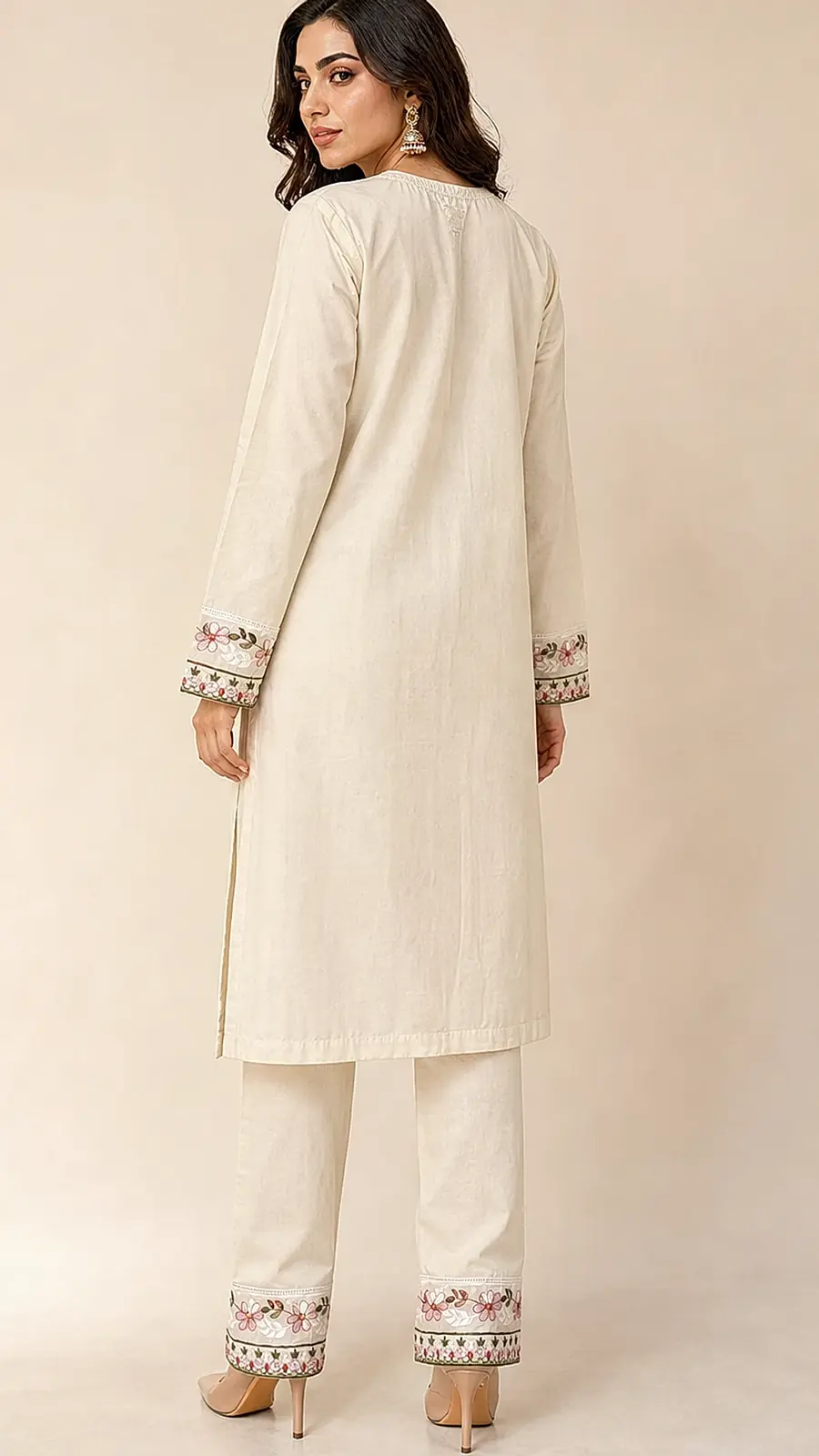 Cream Embroidered Cotton Kurta Pant Set