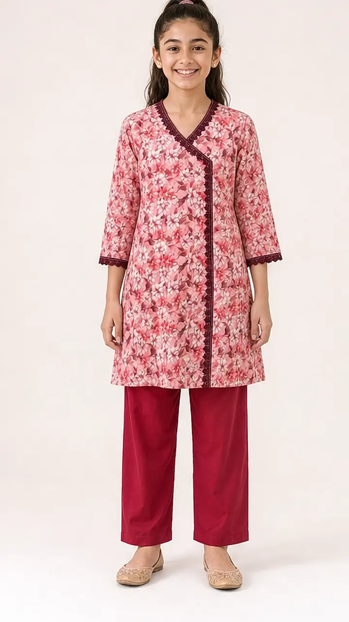 Girls Crimson Floral Angrakha Shalwar Set