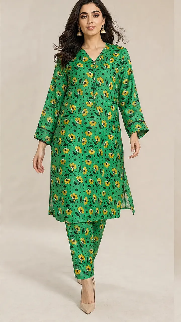 Emerald Green Polka Floral Cotton Lawn 2-Piece Co-ord Set