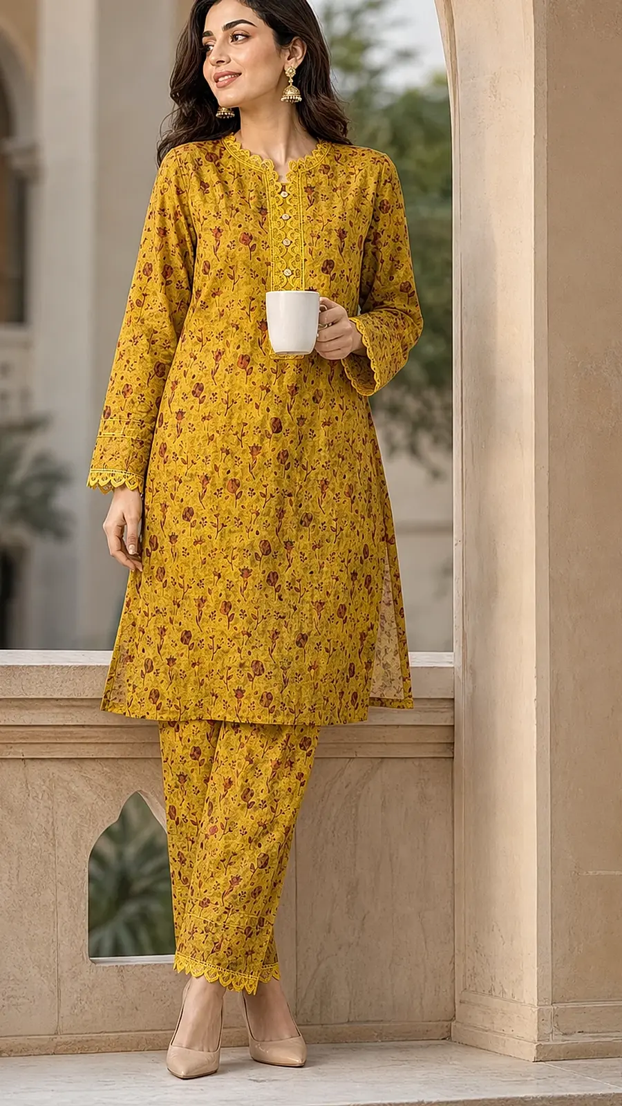 Mustard_Red 2 Pcs Coord  Soft Cotton Lawn Suit