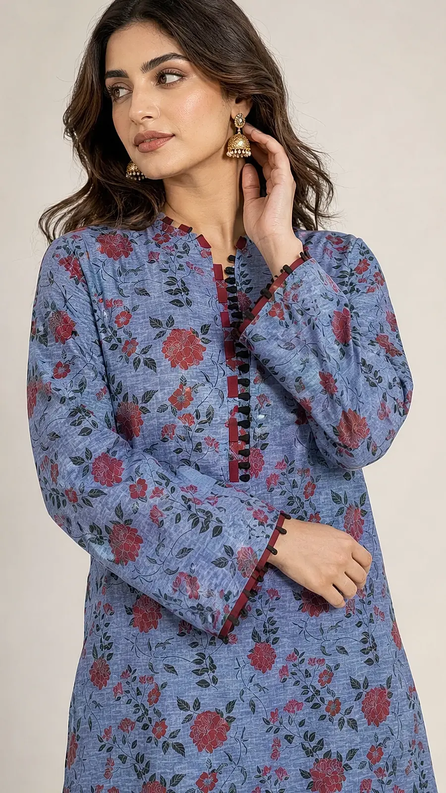 Denim Blue_Maroon 2 Pcs Coord  Soft Cotton Lawn Suit