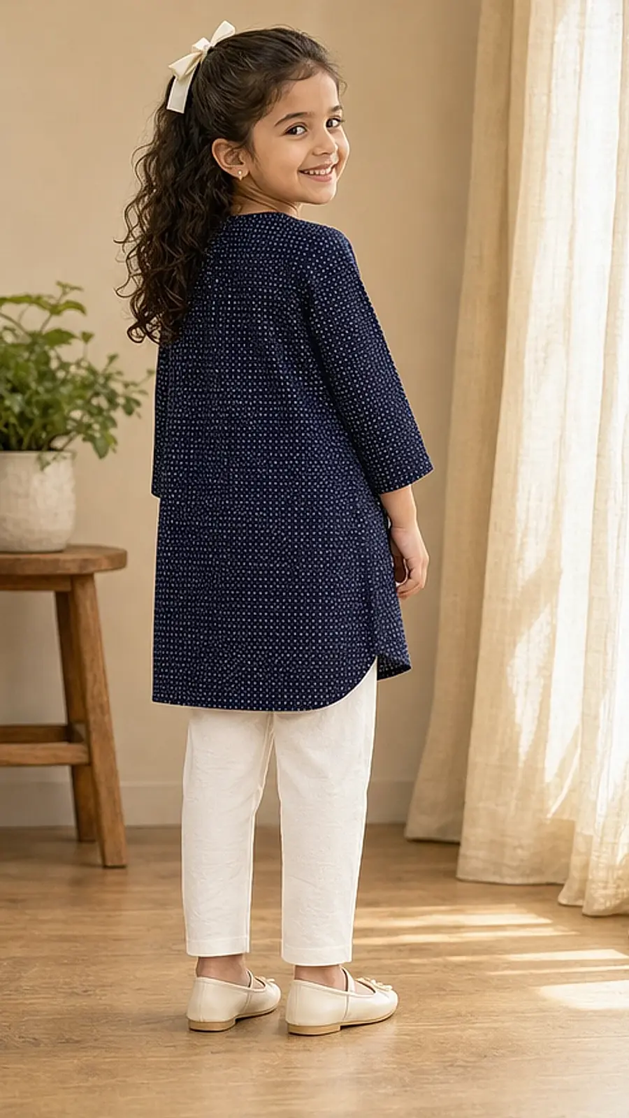 Girls Navy Dotted Kurta Legging Set