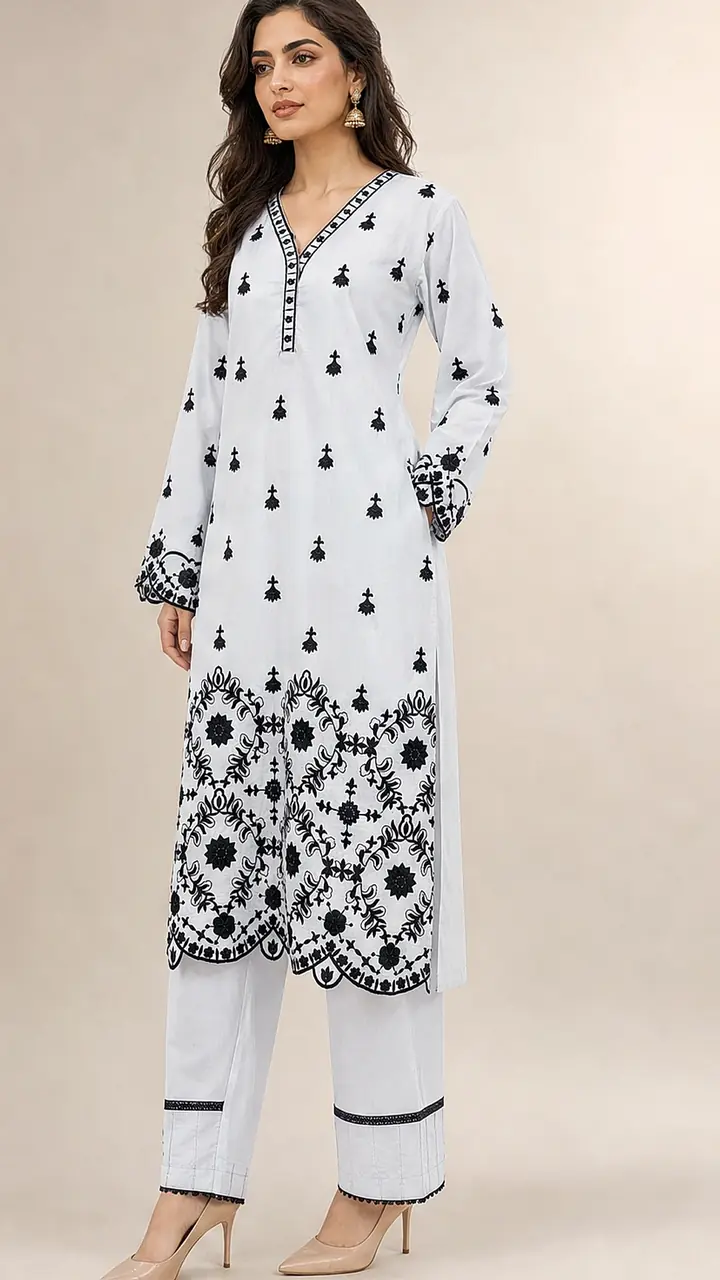 Pure White and Embriodered 2 Pcs Egyptian Soft Cotton Lawn Suit