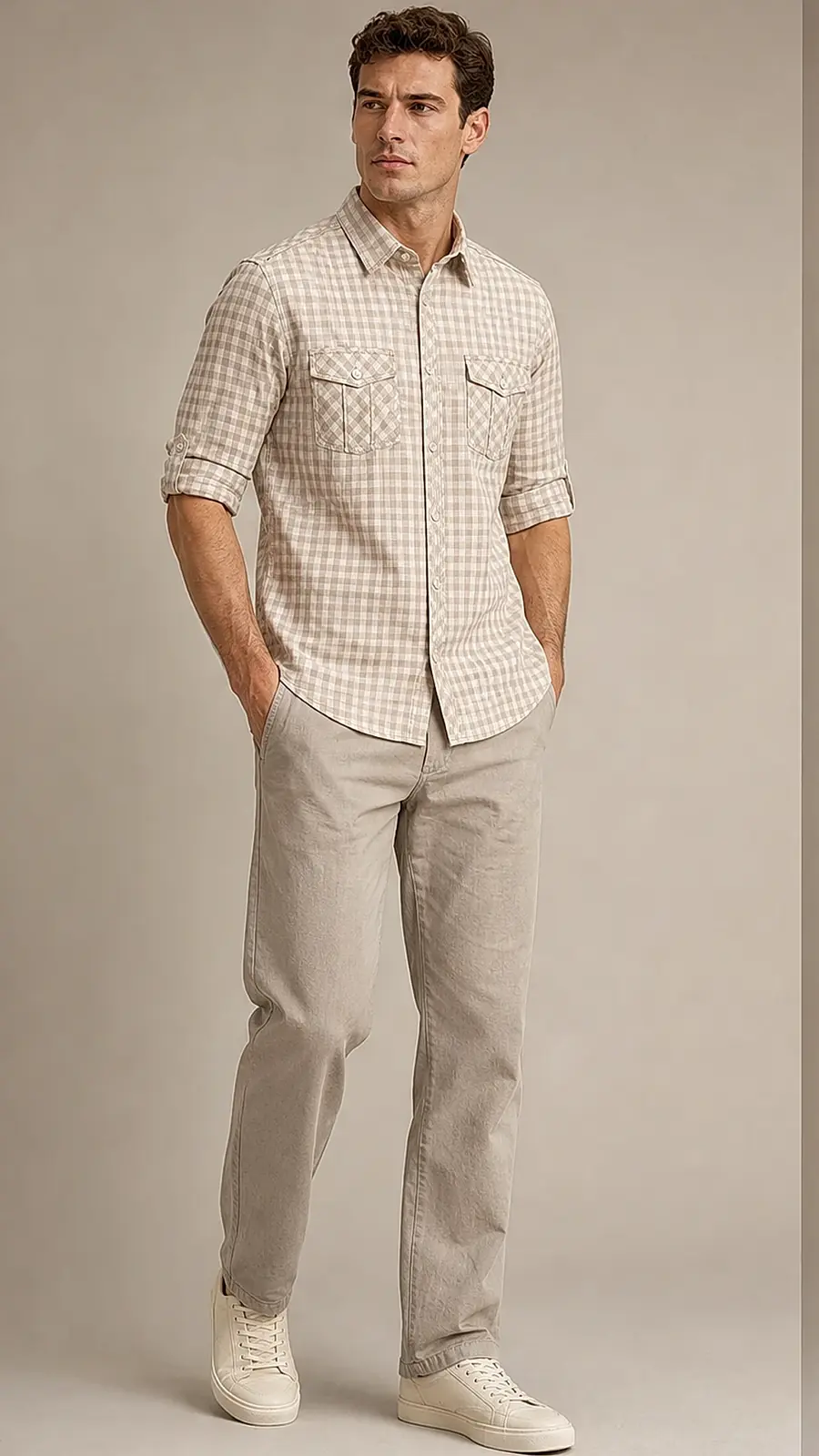 Men's Neutral Gingham Check Casual Shirt