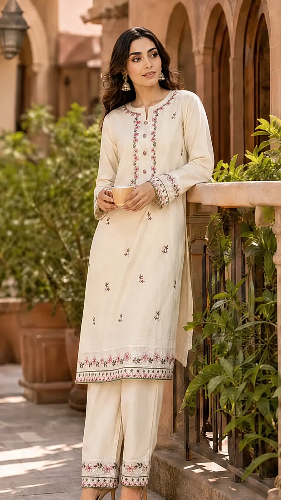 Cream Embroidered Cotton Kurta Pant Set