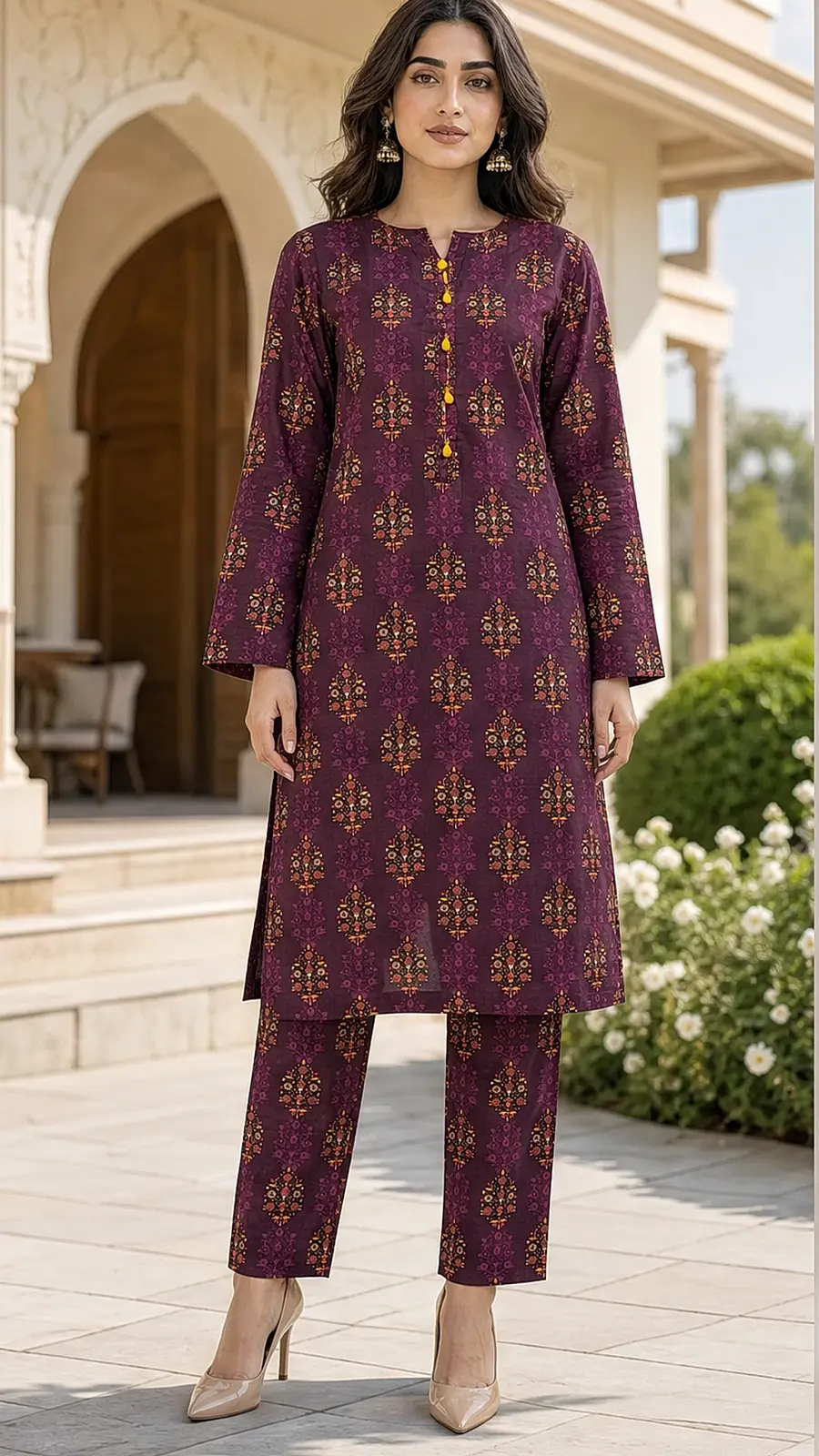 Plum Printed Cotton Lawn Co-ord Suit
