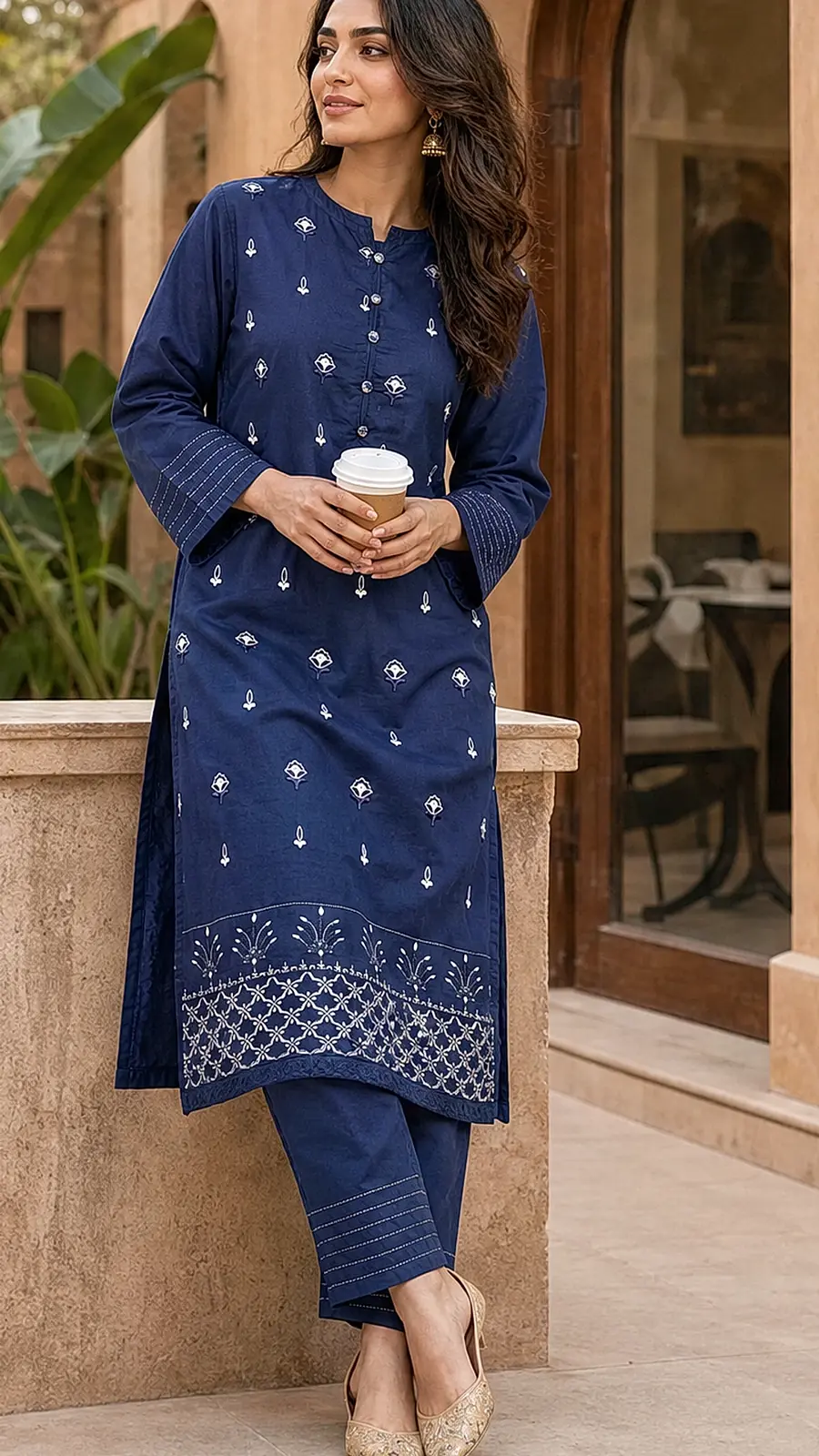 Navy and Embriodered 2 Pcs Egyptian Soft Cotton Lawn Suit