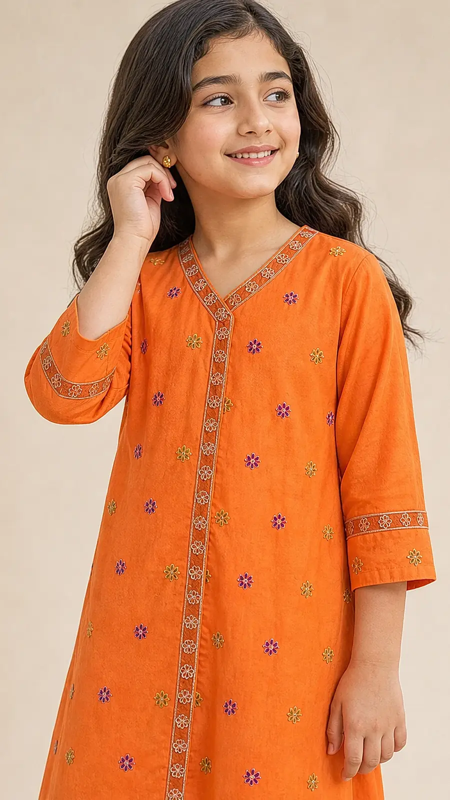 Girls Orange Embroidered Kurta Pant Set
