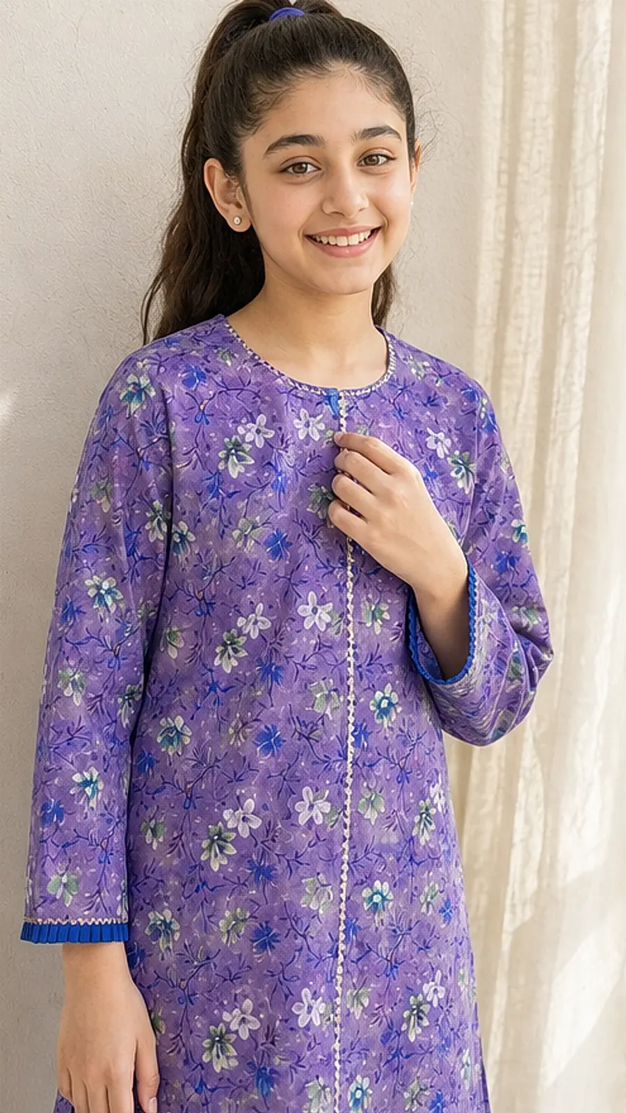Girls Purple Floral Kurta Blue Pant Set