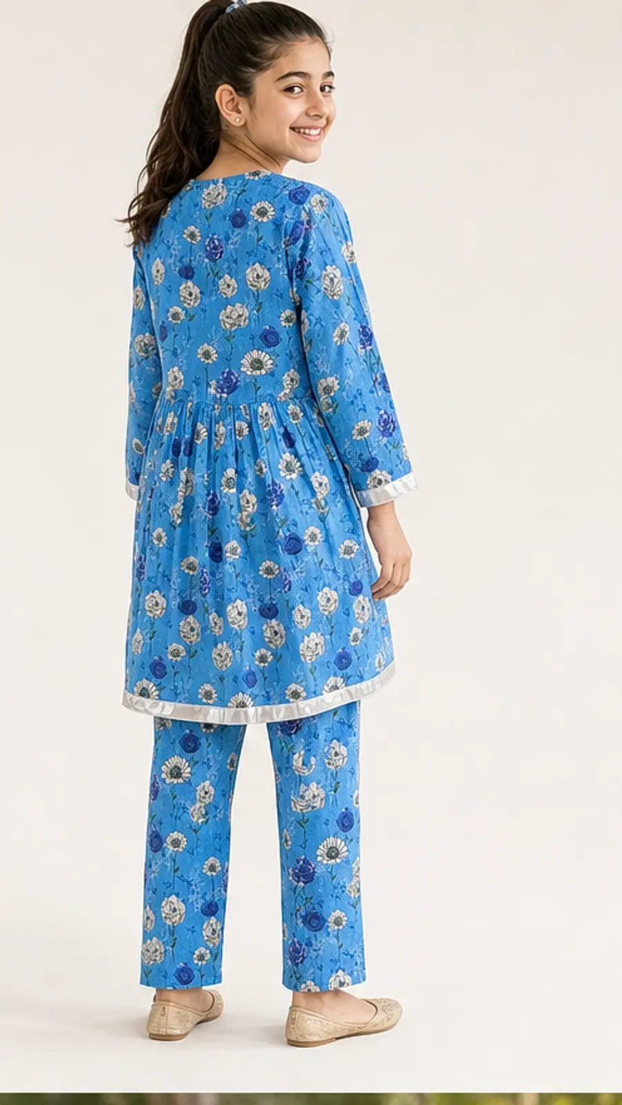 Girls Ocean Blue Floral Frock Shalwar Set
