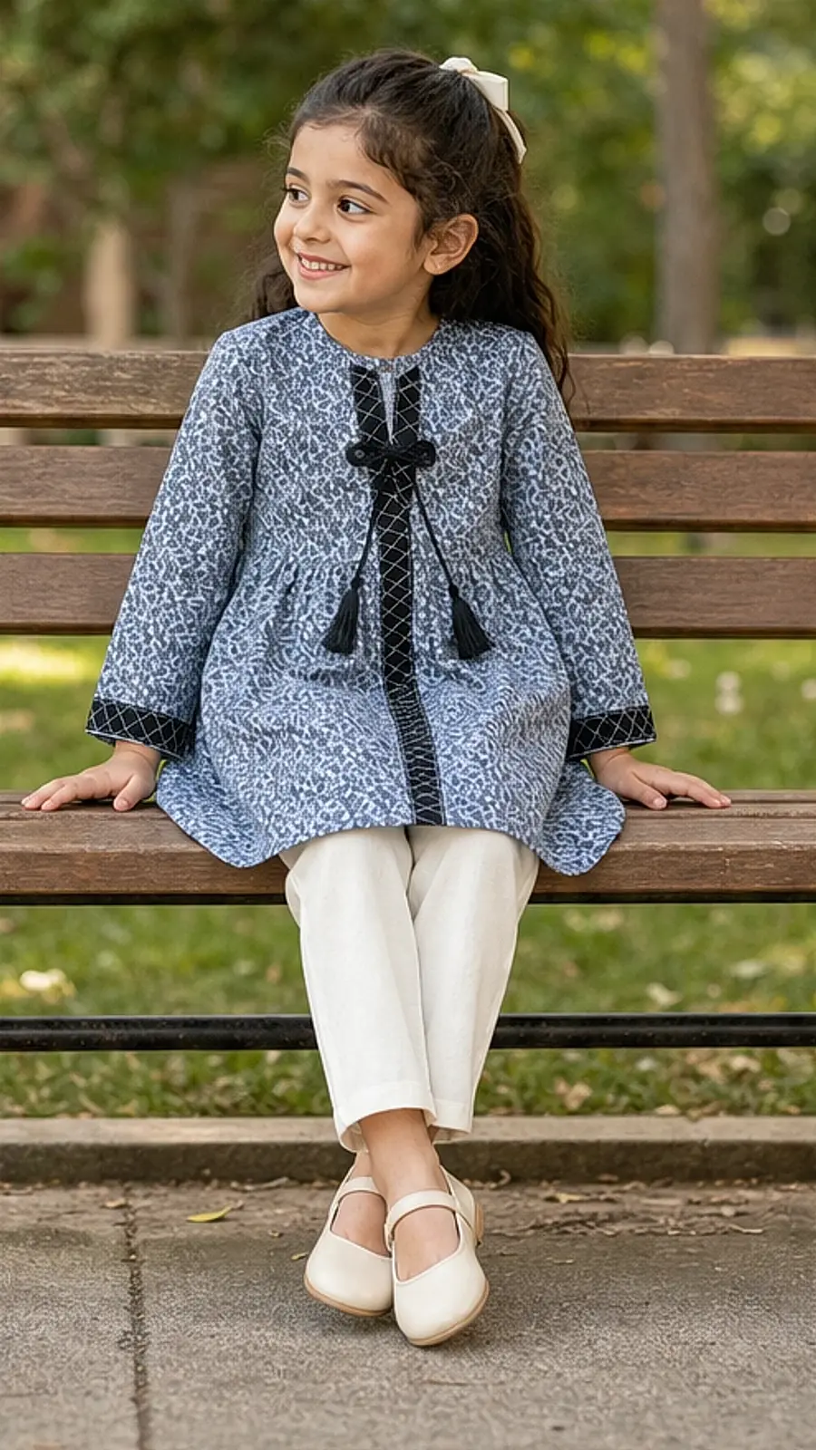 Girls Blue Printed Kurta Trouser Set