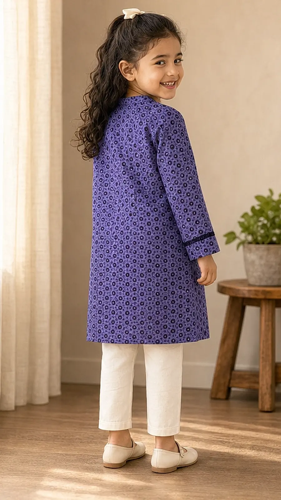 Girls Purple Printed Kurta Trouser Set
