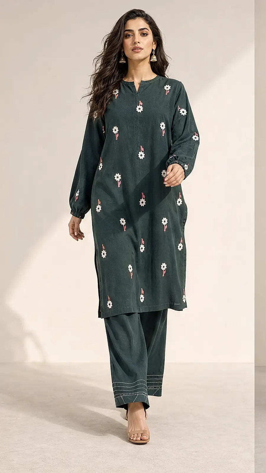 Bottle Green Embroidered Cotton Lawn 2 Piece Suit