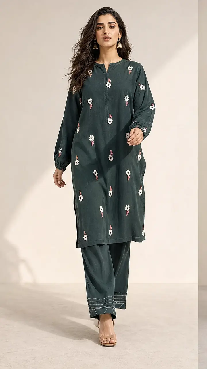 Forest Green Floral Embroidered 2-Piece Co-ord Set