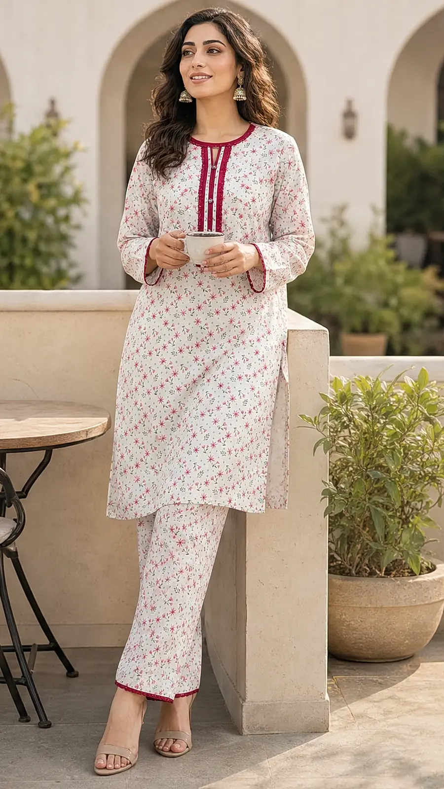 White_Red 2 Pcs Coord  Soft Cotton Lawn Suit