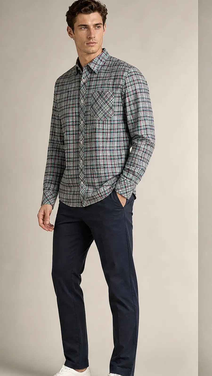 Green Pink White Multi Line small Check Shirt