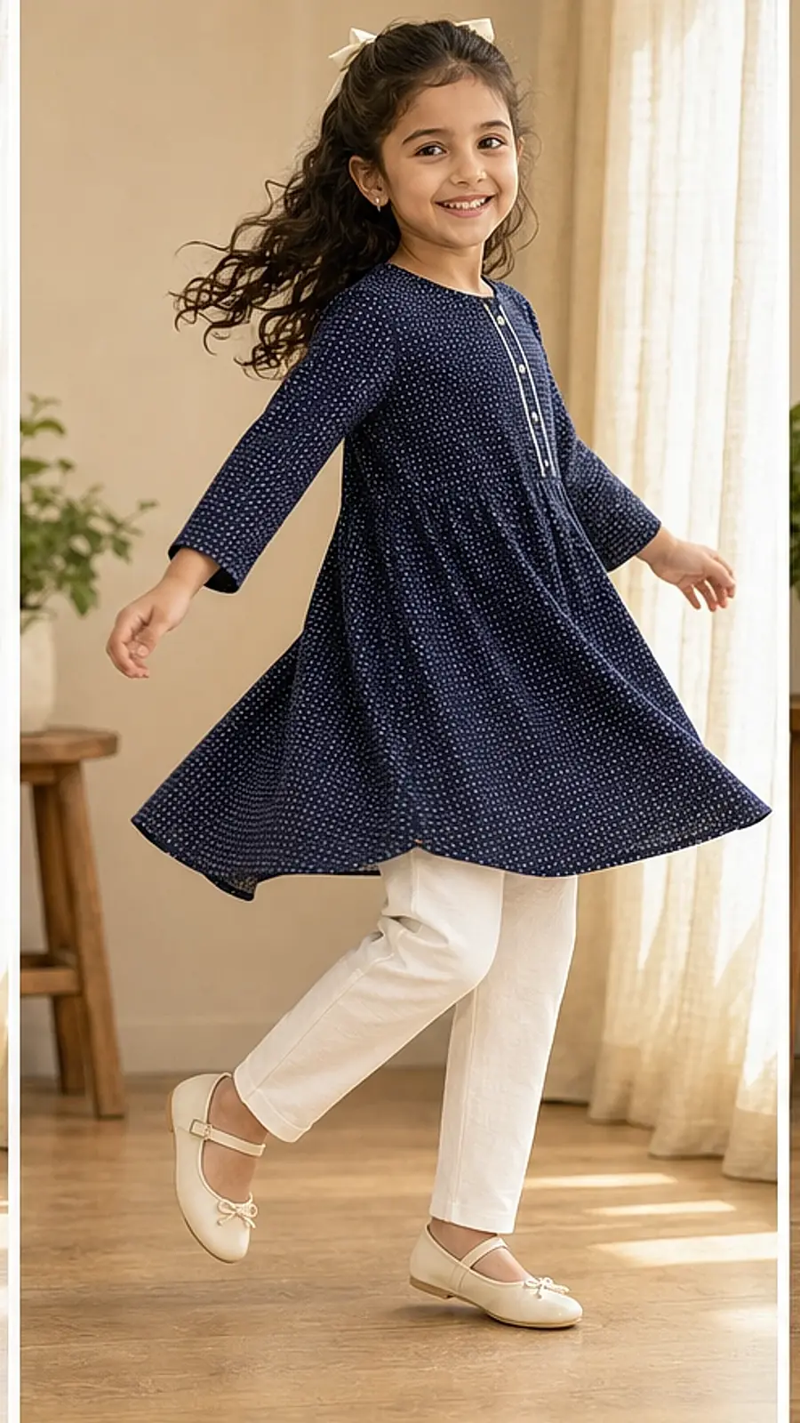 Girls Navy Dotted Kurta Legging Set