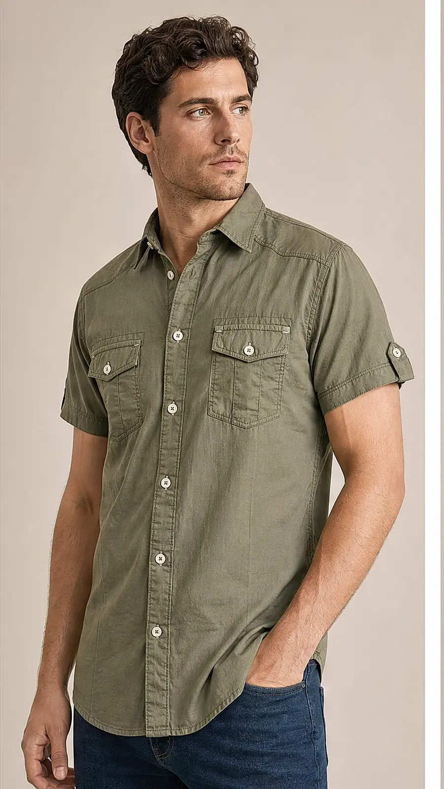 Olive Pigment Dyed Fine Weaved Egyption Cotton Fabric Half Sleeve Casual Shirt