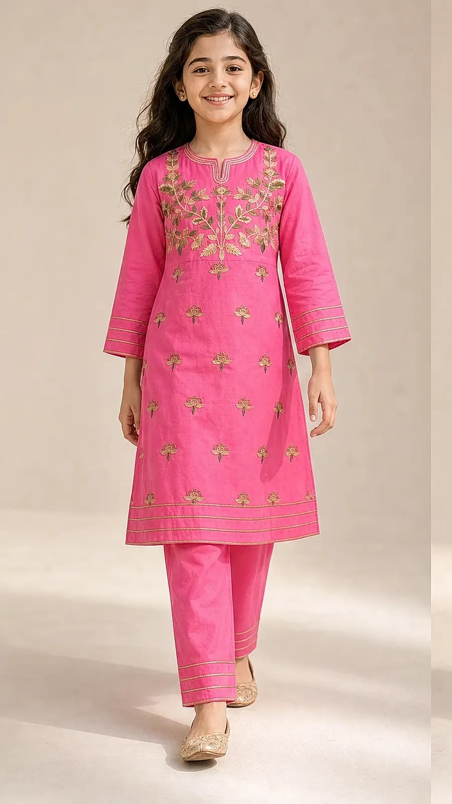 Girls Pink Embroidered Kurta Pant Set