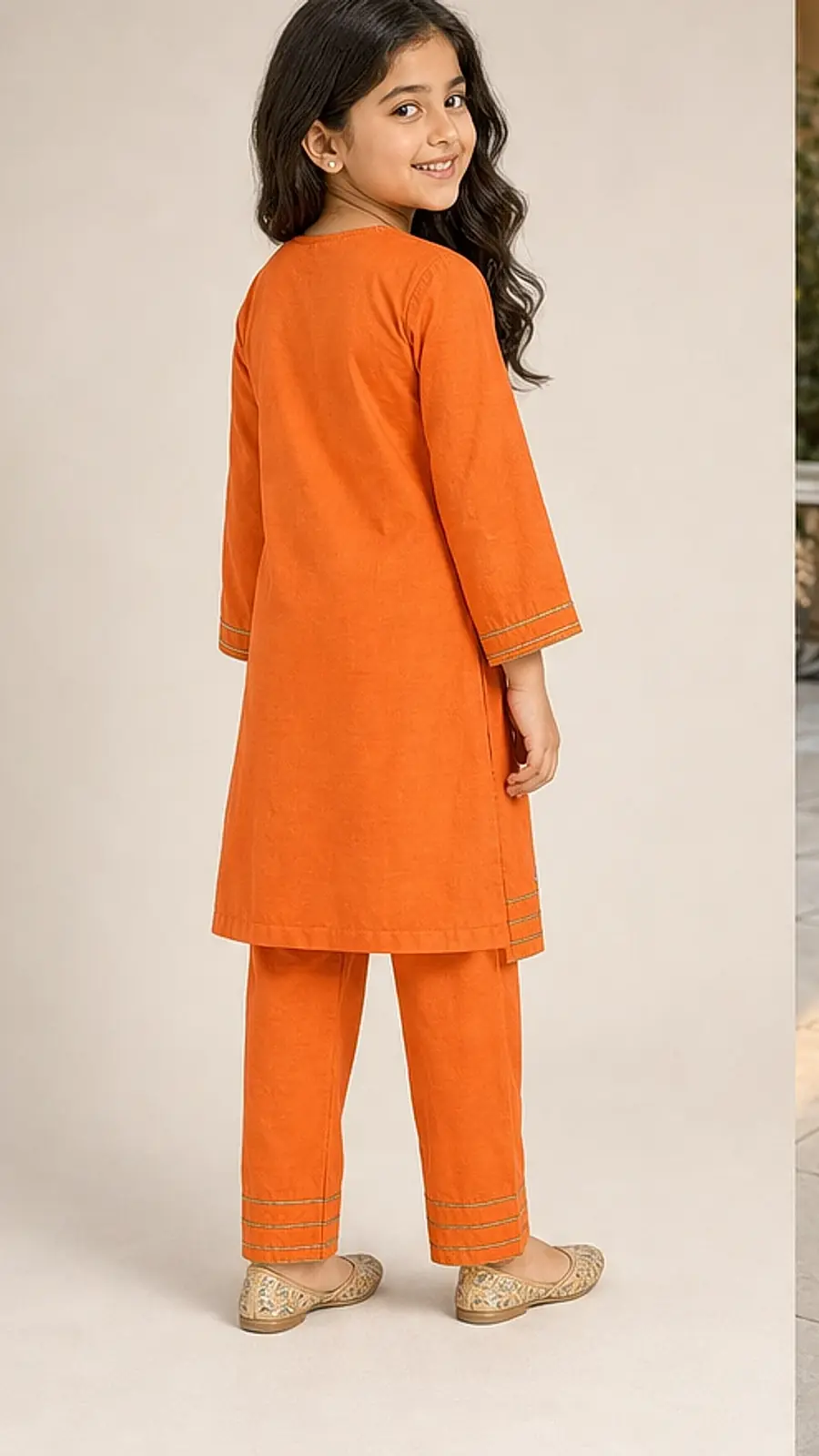Girls Orange Embroidered Kurta Pant Set