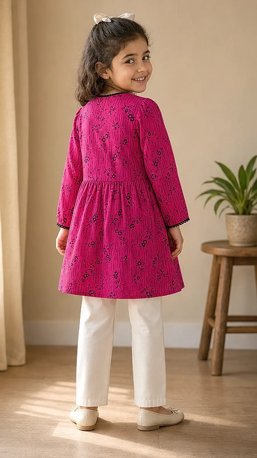 Girls Magenta Floral Kurta Pant Set