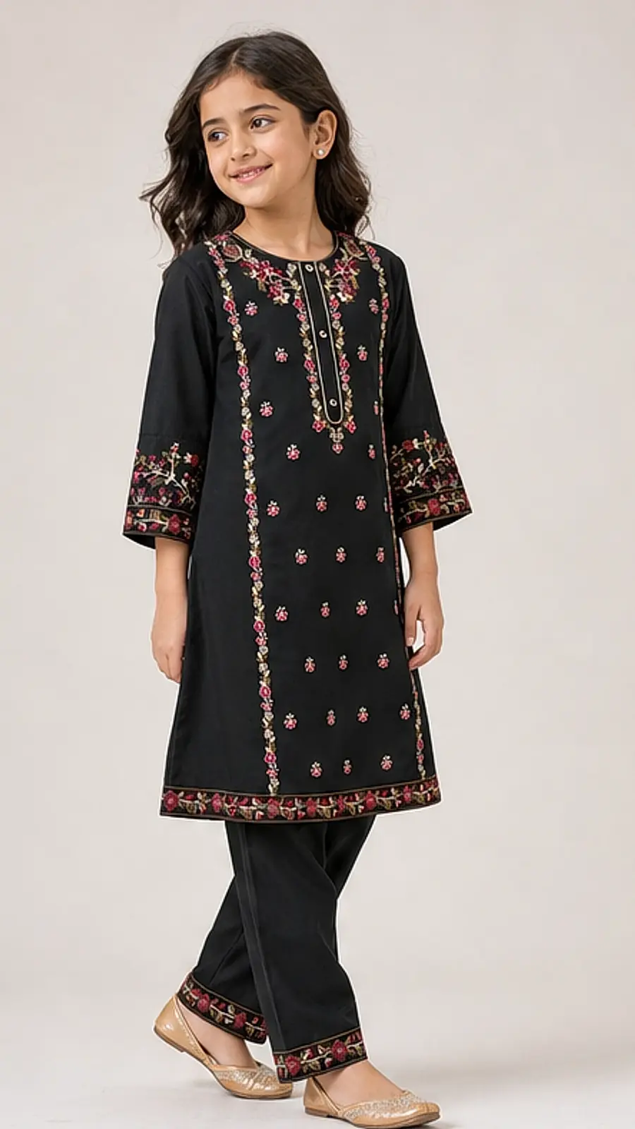 Girls Embroidered Black Kurta Trouser Set