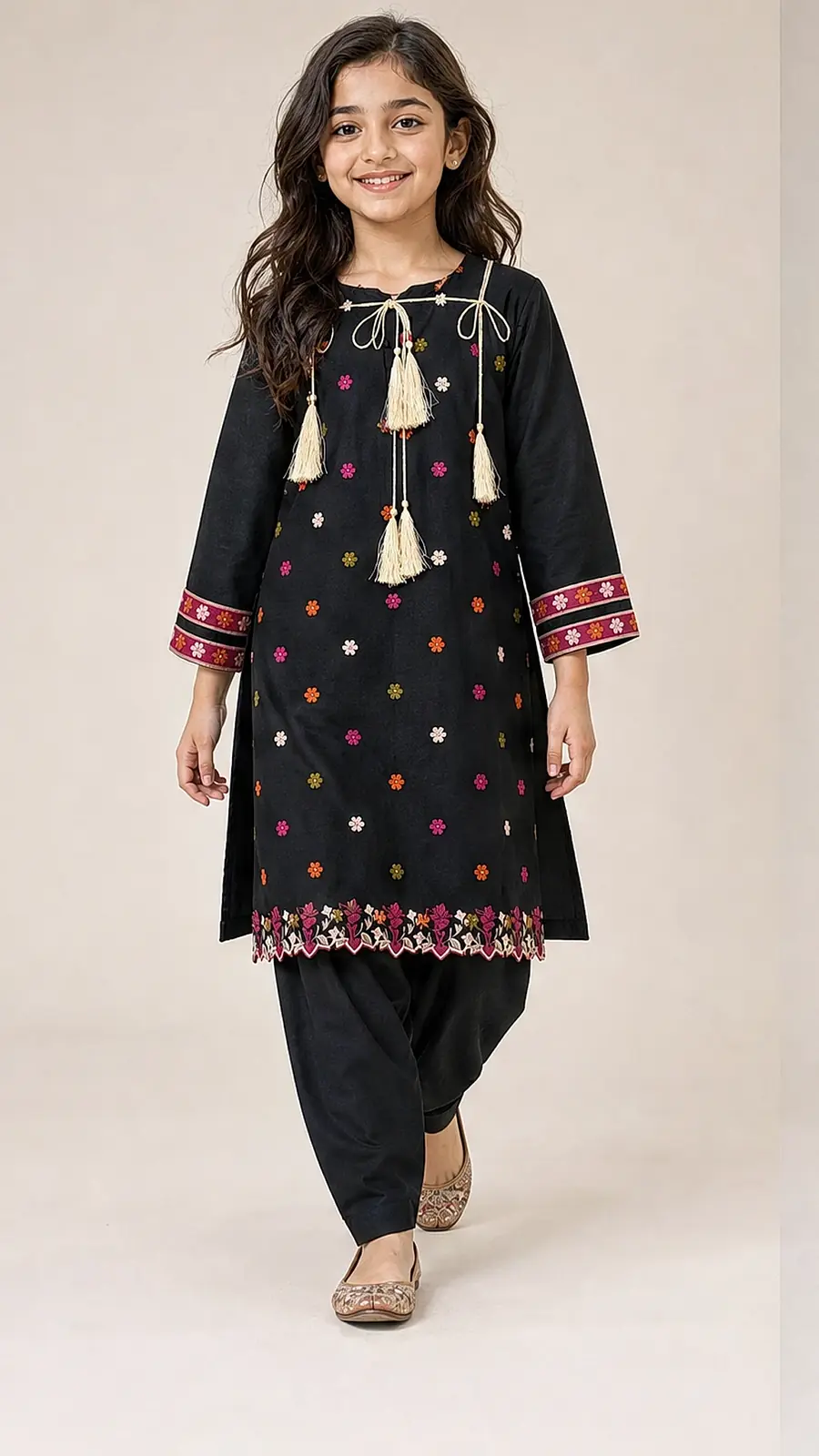 Girls Black Embroidered Kurta Salwar Set