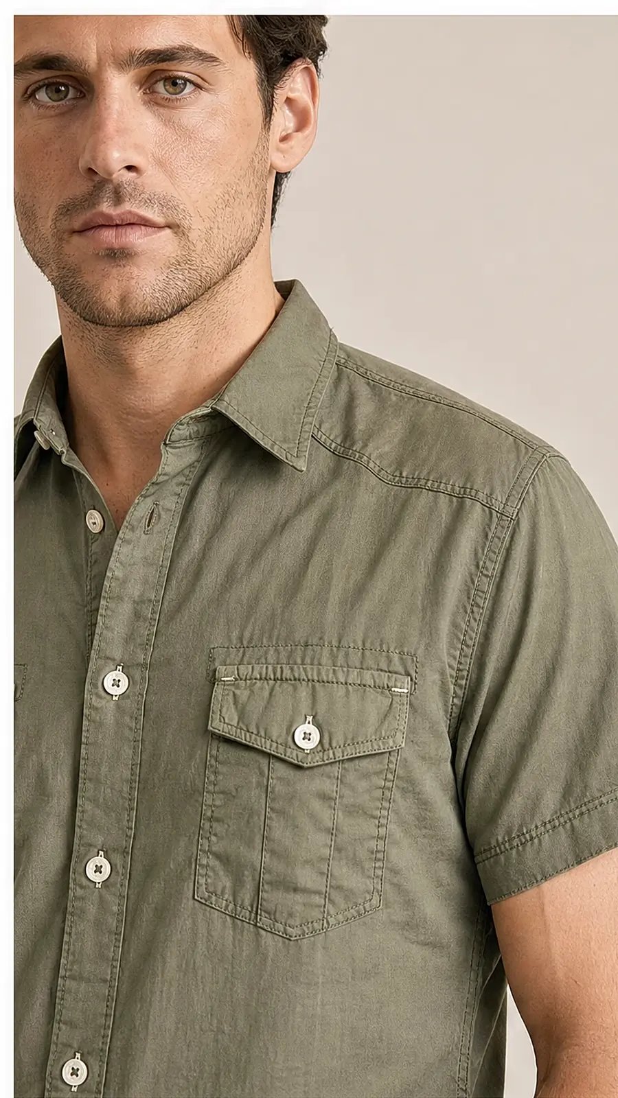 Olive Pigment Dyed Fine Weaved Egyption Cotton Fabric Half Sleeve Casual Shirt