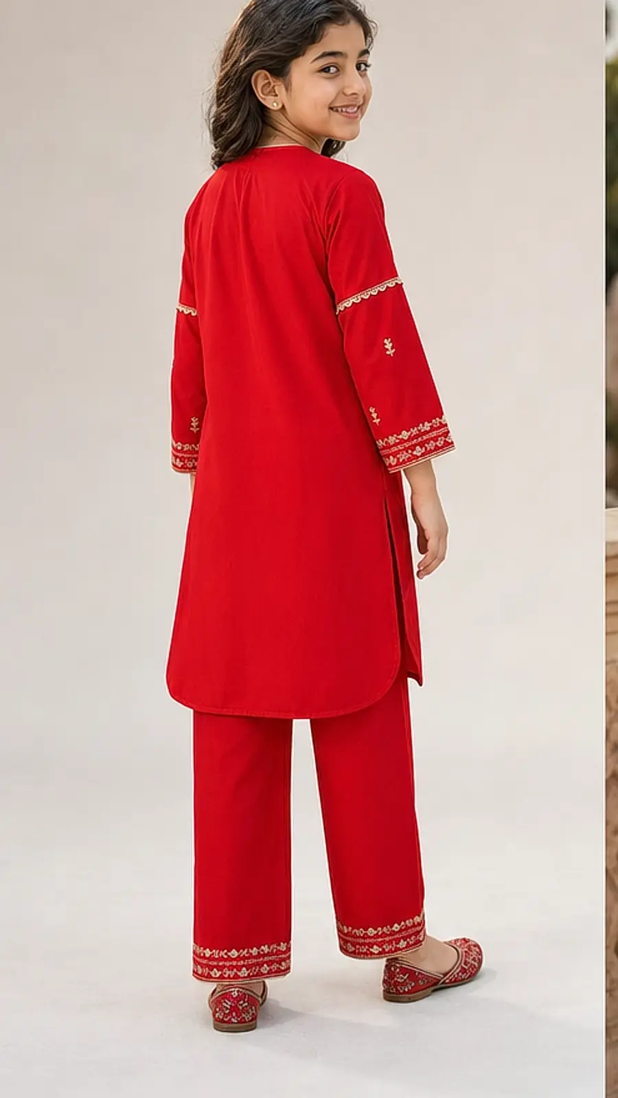 Girls Red Embroidered Kurta Pant Set