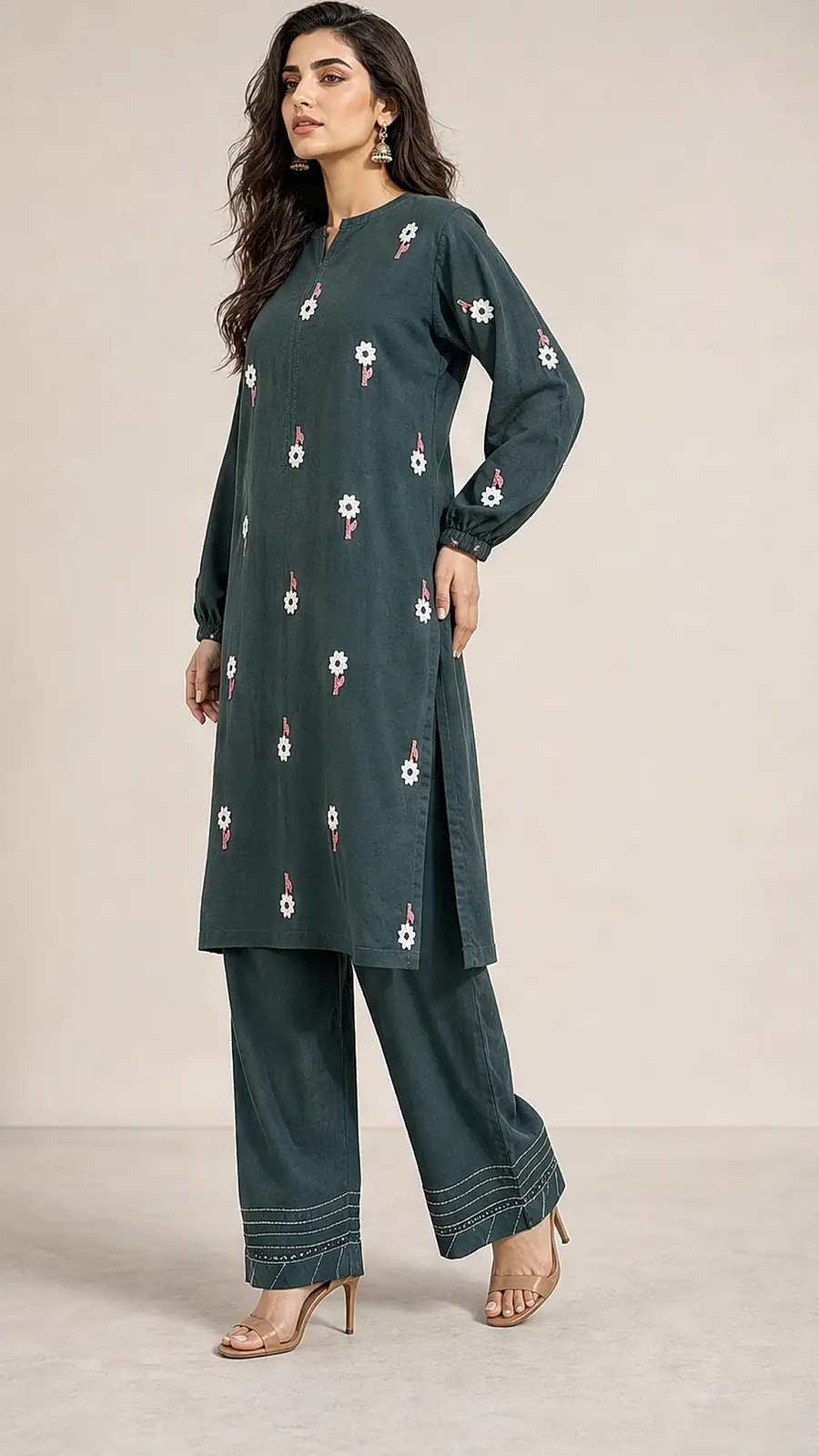 Bottle Green Embroidered Cotton Lawn 2 Piece Suit