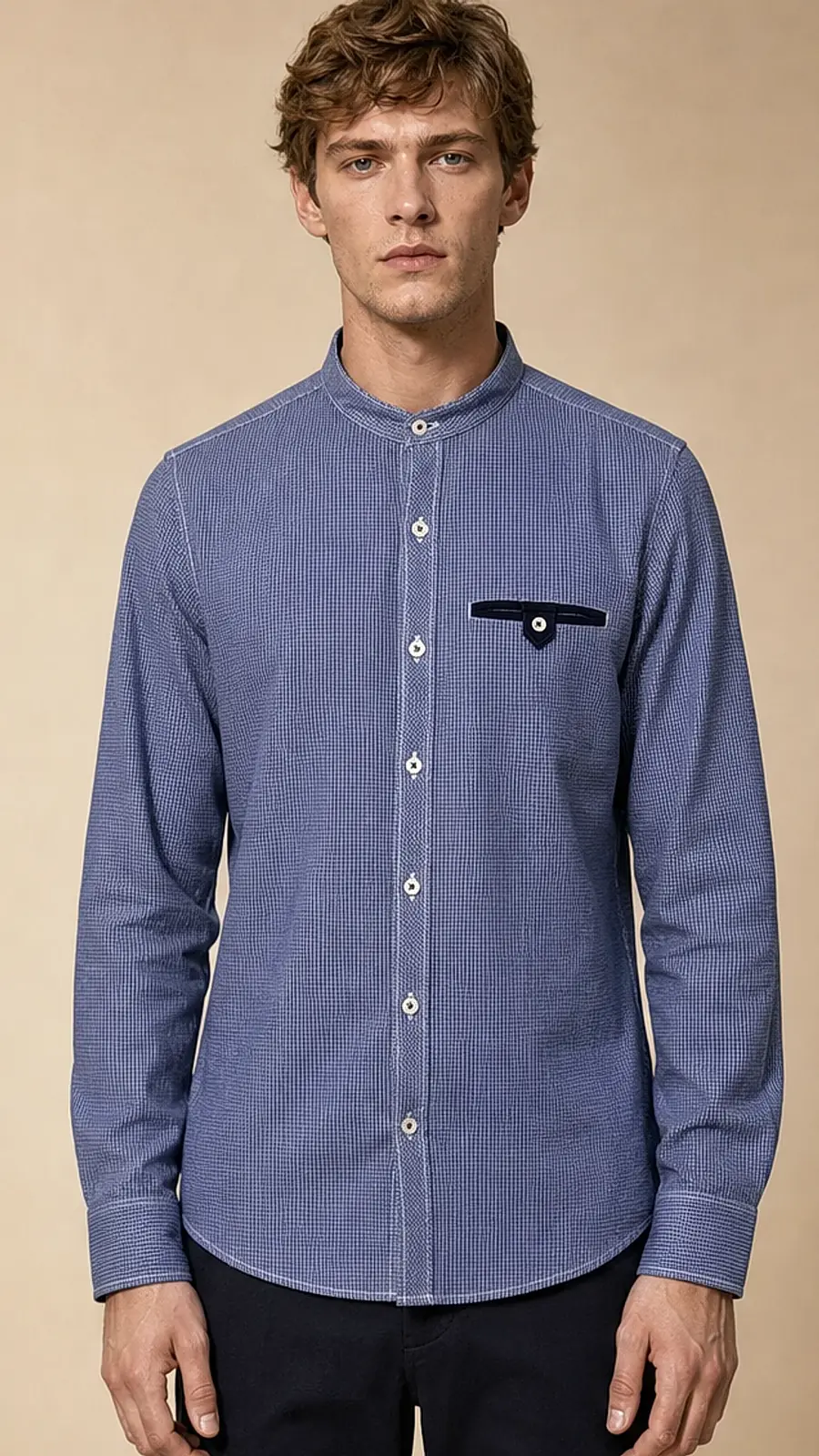 Blue Bajra Check Band Collar Shirt