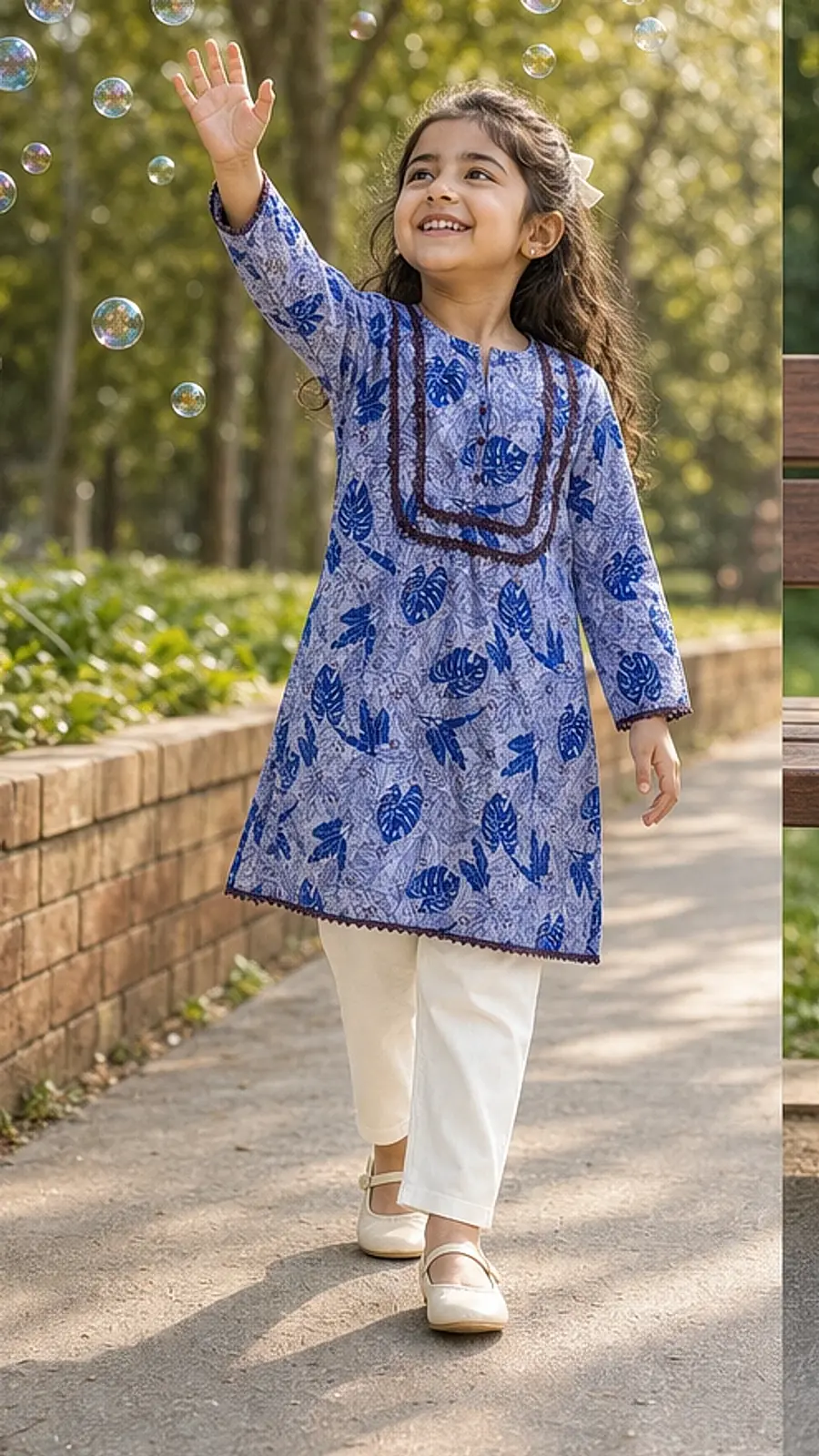 Girls Blue Leaf Print Kurta Trouser Set