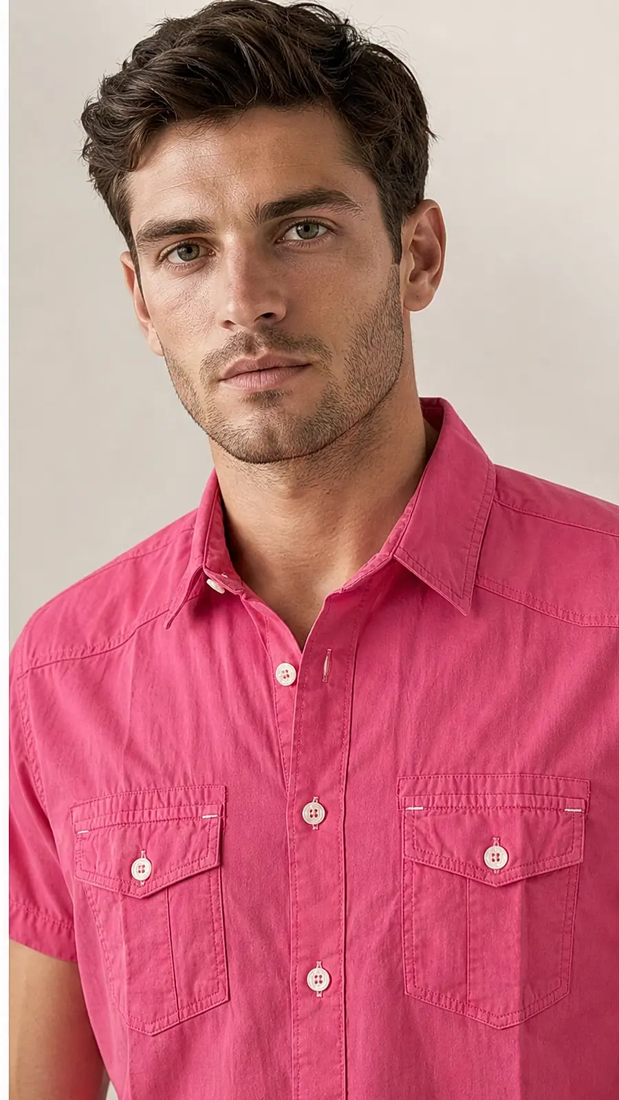 Recipe Men's Fuchsia Short Sleeve Utility Button-Down Shirt