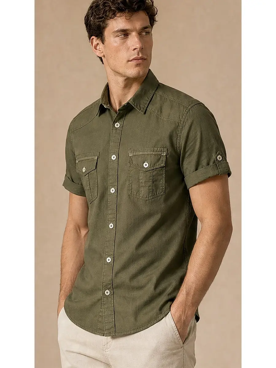 Olive Half Sleeve Pigment dyed Egyptian Cotton Shirt