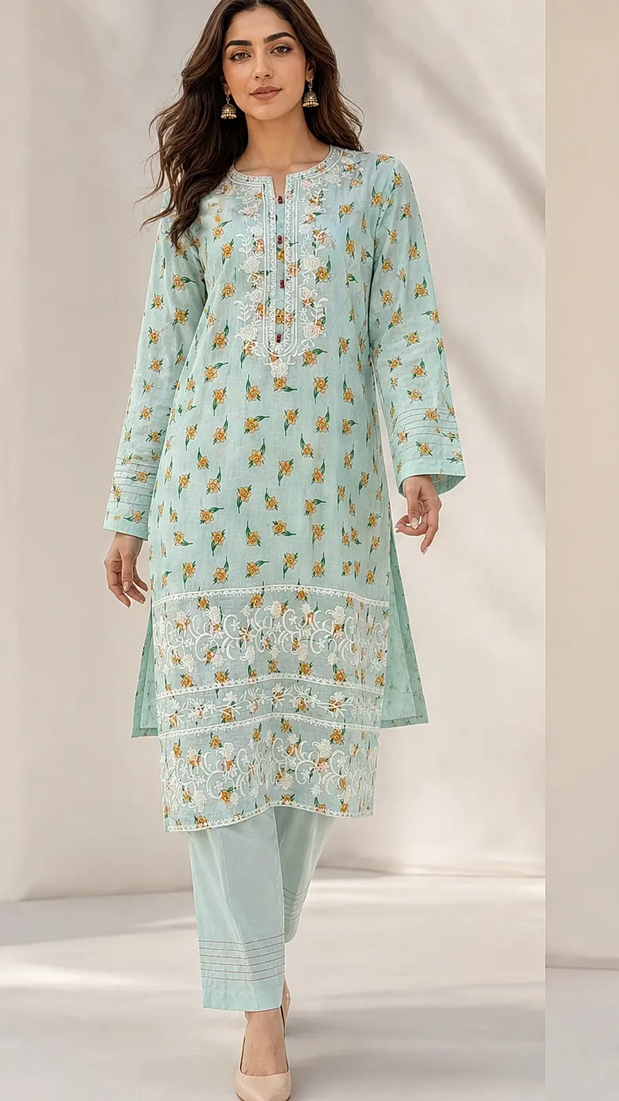 Sea Green Embriodered 2 Pcs Egyptian Soft Cotton Lawn Suit
